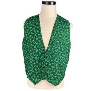 Green Shamrock Print Cotton Button-Up Vest Medium